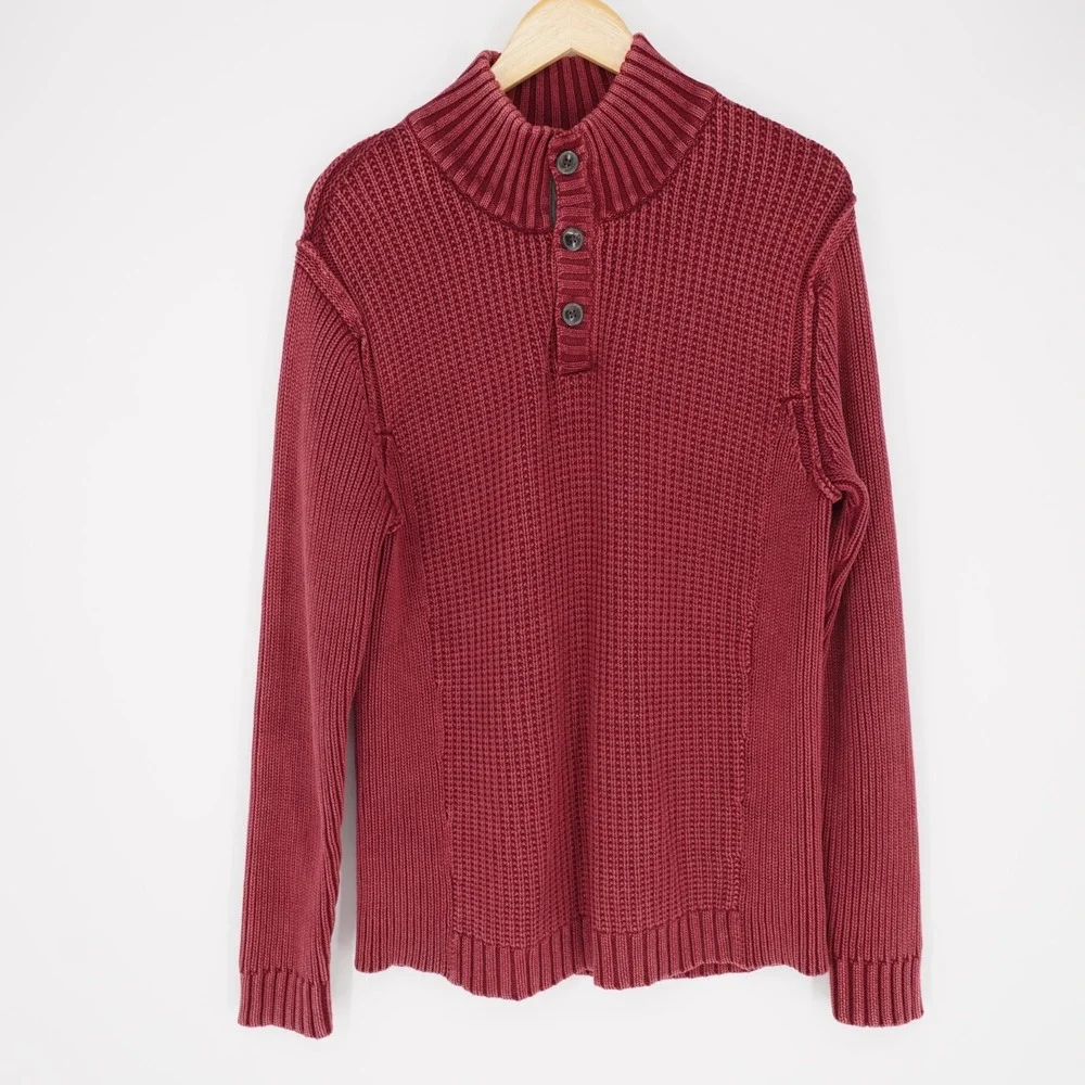 CARBON 2 COBALT Chunky Waffle Knit Sweater Men M Red 100% Cotton Henley Heritage